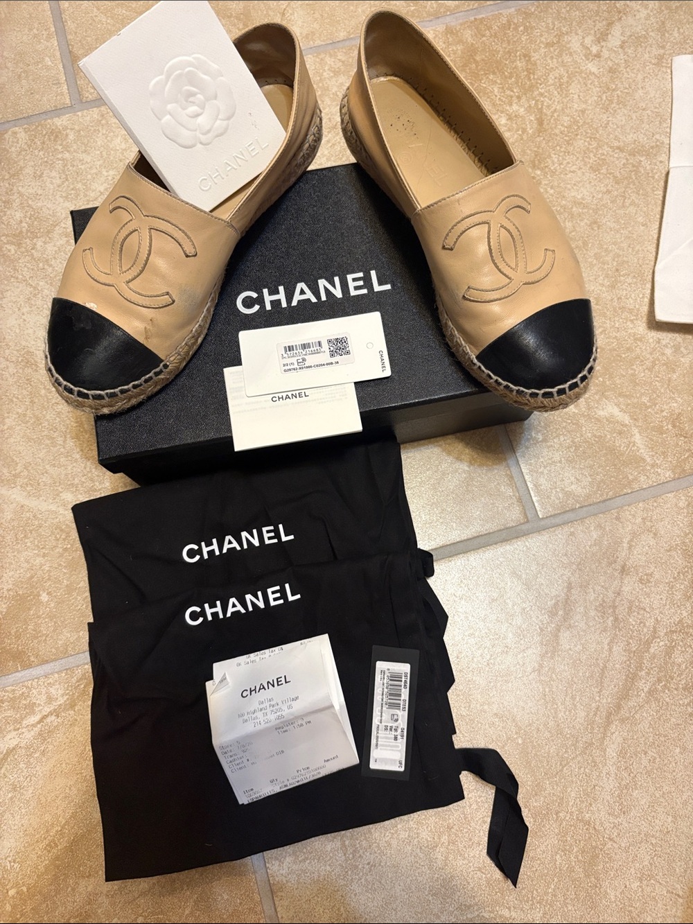 CHANEL Beige Leather Espadrille Slip-Ons with Black Cap Toes